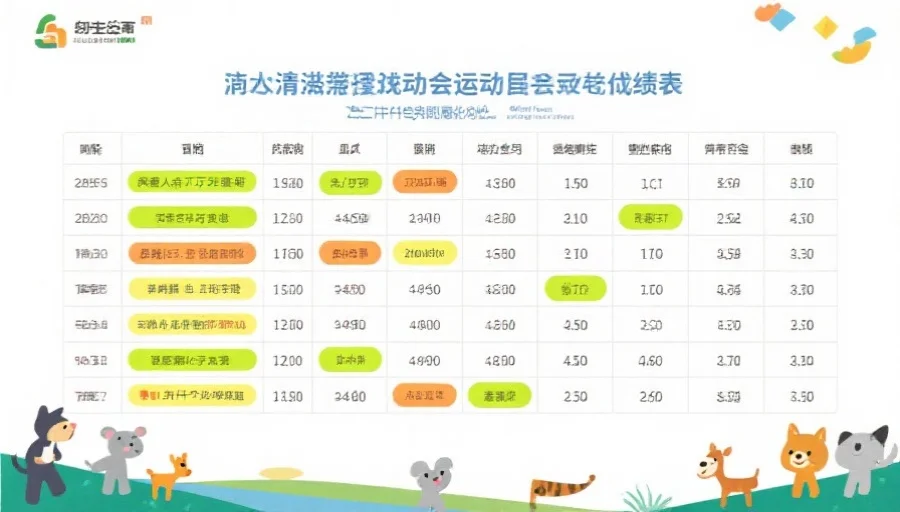 一张清晰的运动会成绩表,表格上有多栏数据和醒目的高亮备注,动物主题风格